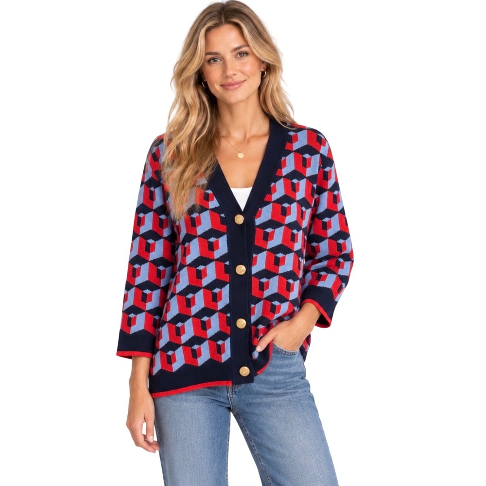 Tuckernuck Red Blue Geometric Wool Cardigan Sweater Small Gold Crest Buttons